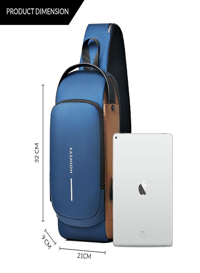 OTIPORTER Sling Bag Crossbody Shoulder Bag for Men Women, Chest Crossbody bags with USB Charging Port, Waterproof Small Backpack for Outdoor Hiking Running Sport (Blue And brown) - Image 5